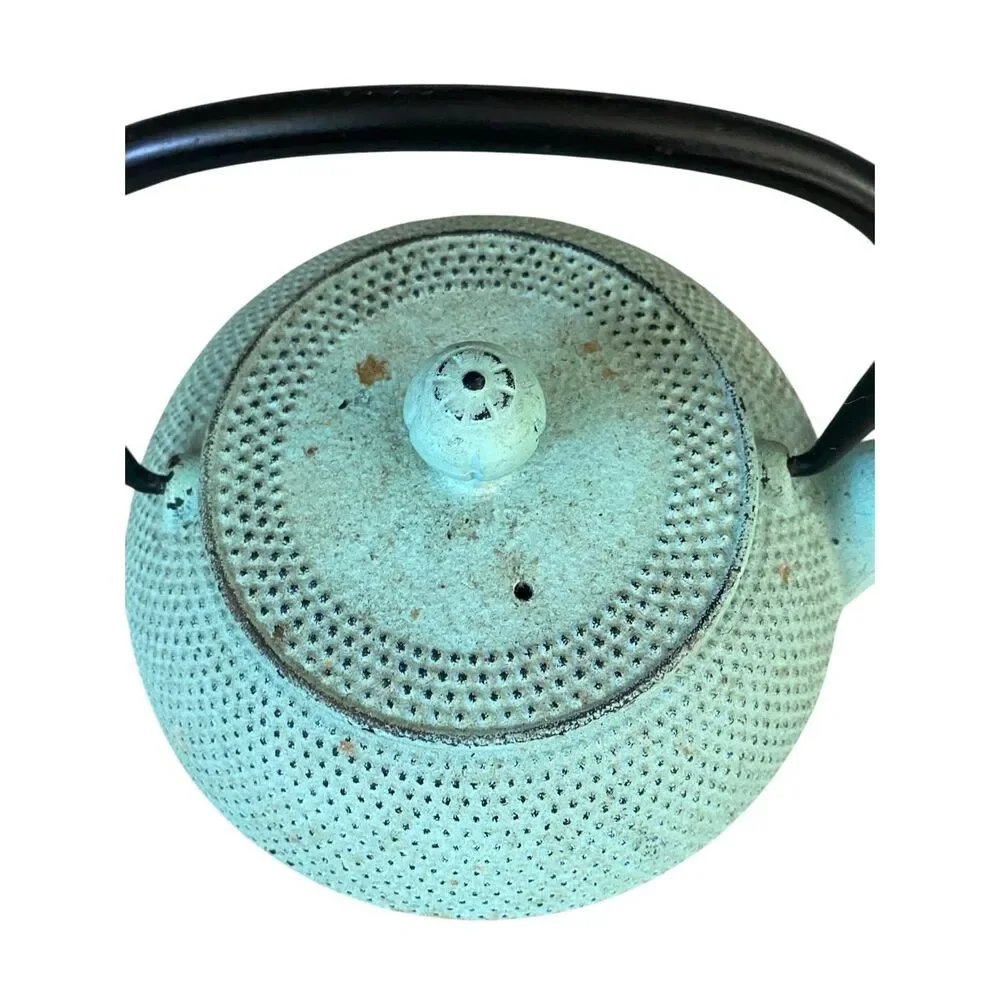 Green Cast Iron Tea Pot & Lid Distressed Patina Dot Texture Asian Rustic Decor